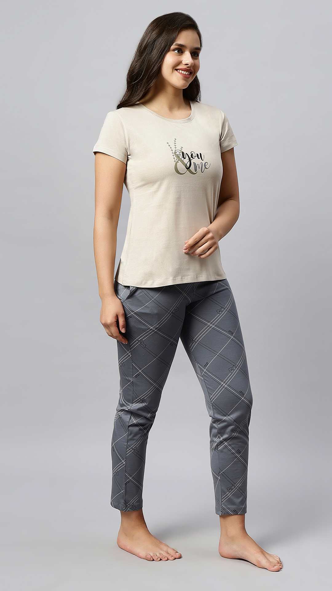 Sukanya Women's Printed Lounge Wear Top & Pyjama Set - Grey, Sinker Fabric, Regular Fit, Ideal For Women's, Lounge Wear, Half Sleeve, Round Neck