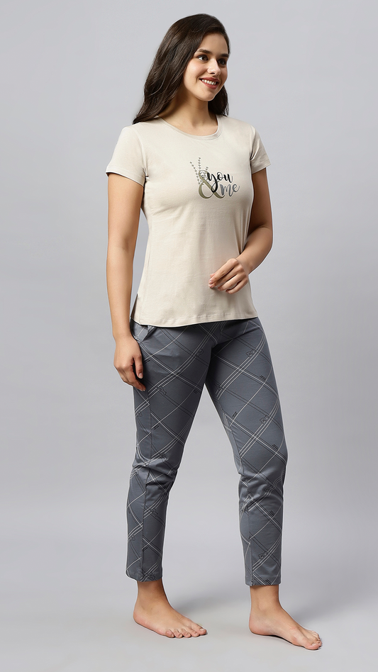 Sukanya Women's Printed Lounge Wear Top & Pyjama Set - Grey, Sinker Fabric, Regular Fit, Ideal For Women's, Lounge Wear, Half Sleeve, Round Neck