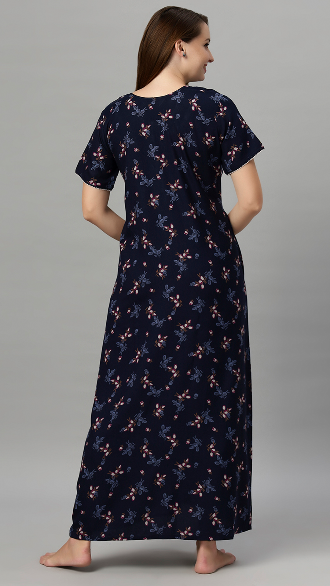 Sukanya Women's Leaf Print Lounge Wear Gown -VISCOSE POLYSTER, Regular Fit, Half Sleeves, Round Neck