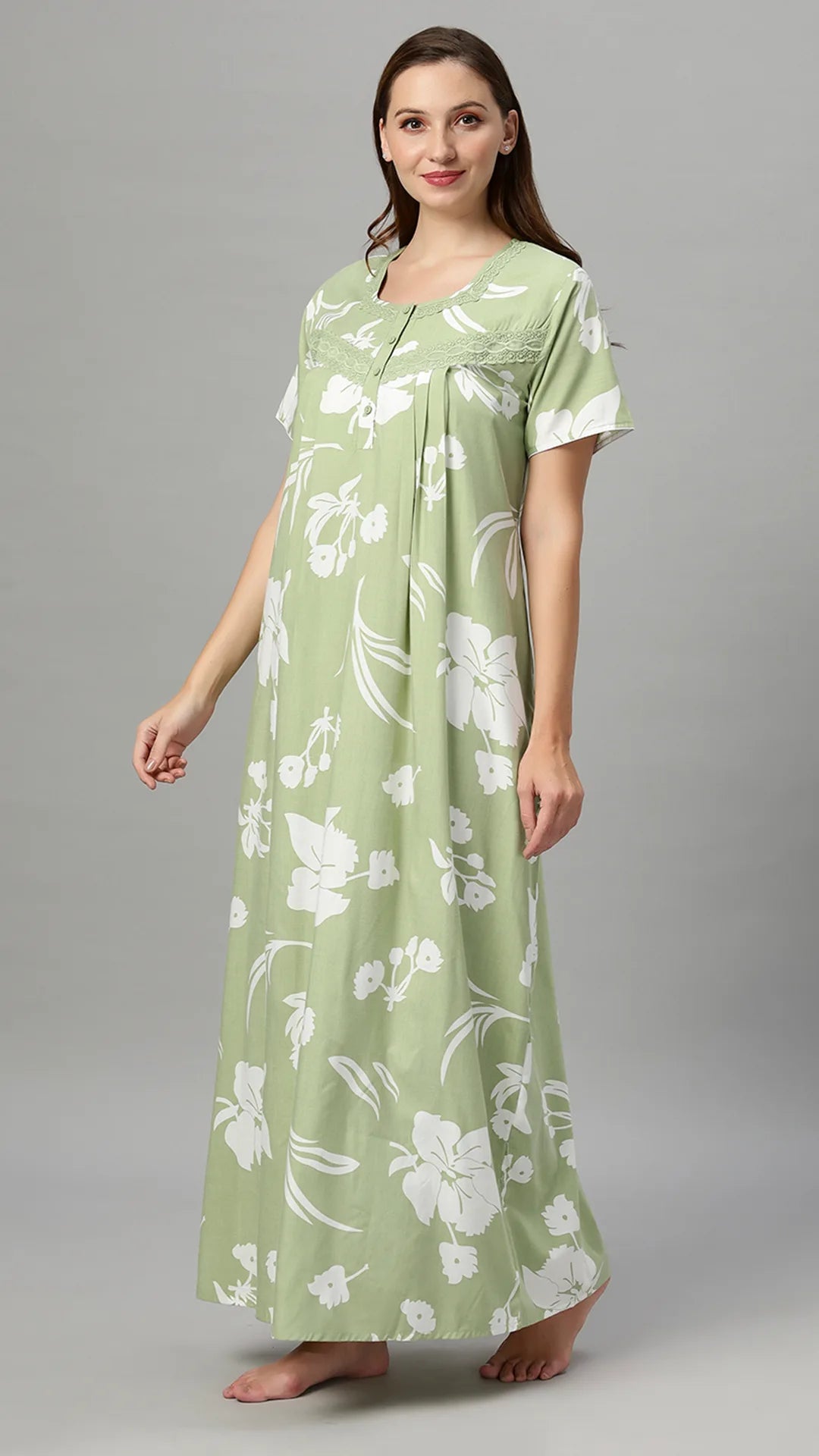 Sukanya Women's Floral Print Lounge Wear Gown -  Poly Cotton, Regular Fit, Half Sleeves, Round Neck, Light Purple, Light Green & Sky Blue