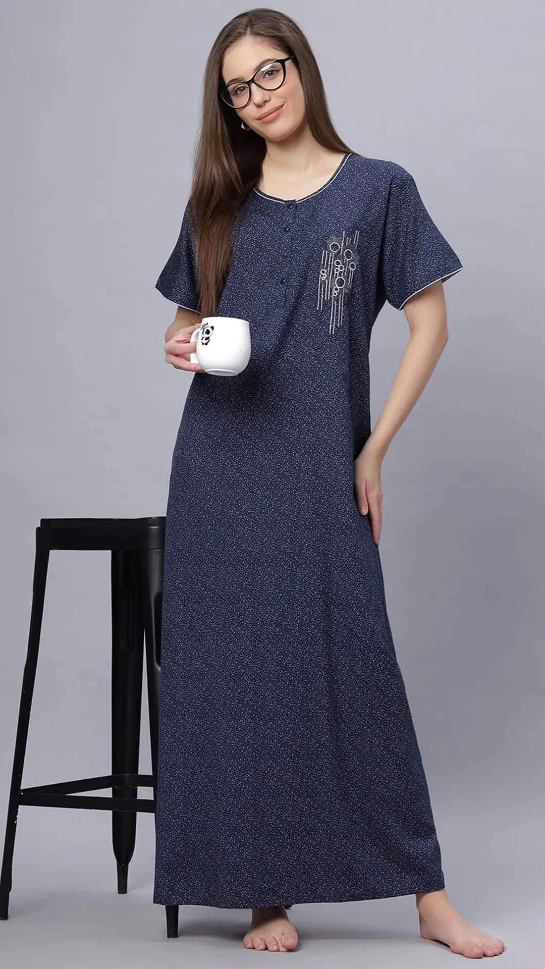 Sukanya Comfortable Women's Full Length Cotton Blend Half Sleeves Nighty, Black, Blue & Maroon, Soft and Elegant Print Sleepwear