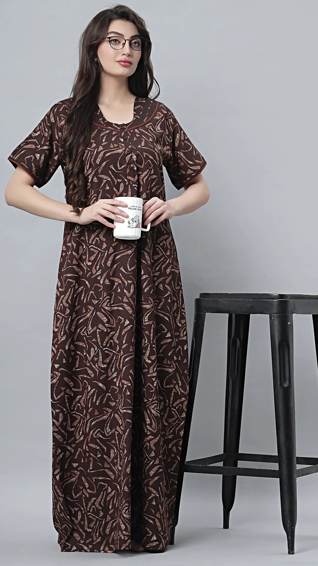 Sukanya Women's Black Cotton Blend Printed Nighty - Half Sleeves, Round Neck, Long