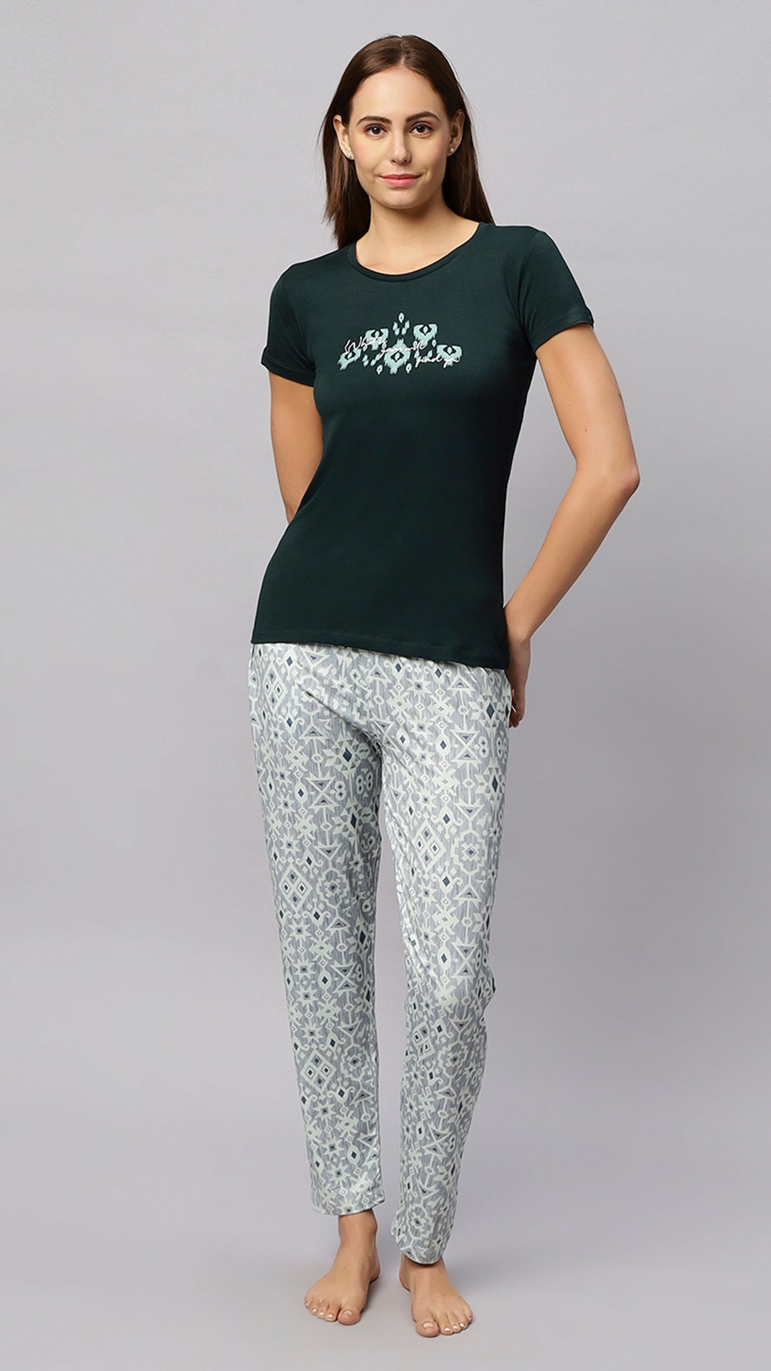 Sukanya Women's Printed Lounge Wear Top & Pyjama Set - Dark Green, Regular Fit, Sinker Fabric, Half Sleeve, Round Neck