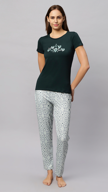 Sukanya Women's Printed Lounge Wear Top & Pyjama Set - Dark Green, Regular Fit, Sinker Fabric, Half Sleeve, Round Neck
