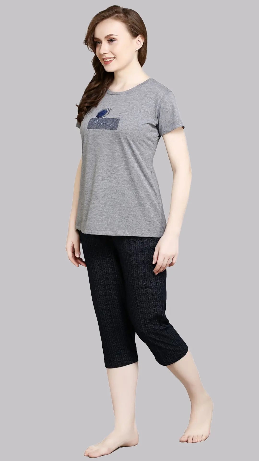 Sukanya  Women's Printed Sinker Capri Set | Regular Fit Loungewear | Ideal for Women | Lounge Wear Nightdress Capri Set Sleepwear | M. Grey Printed Half Sleeves Round Neck