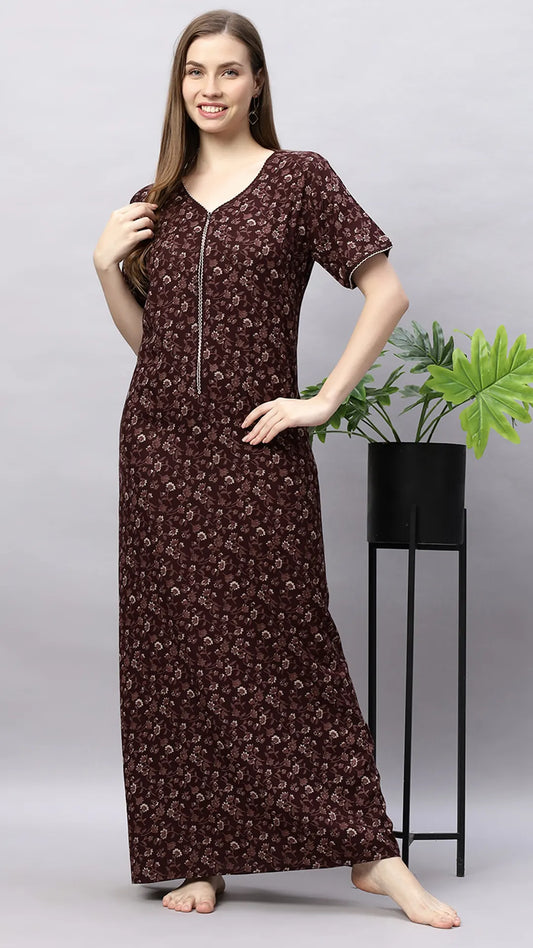 Sukanya Women's Floral Lounge Wear Gown,  Regular Fit, Women's Ideal, Lounge Wear, Half Sleeves, Floral Pattern, Round Neck