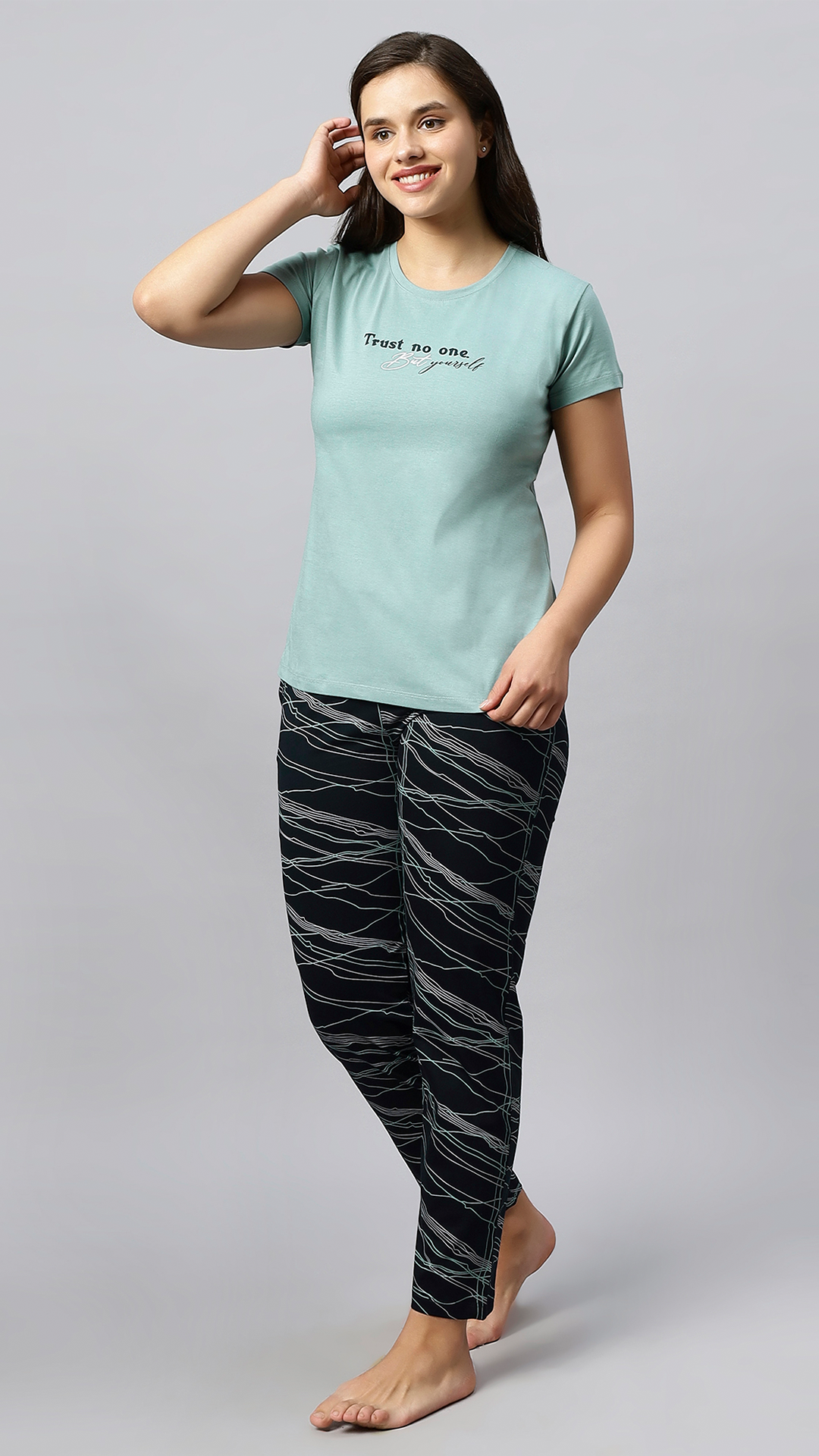 Sukanya Women's Printed Top & Pyjama Set, Regular Fit, Ideal For Lounge Wear, Sinker Fabric, Half Sleeve, Round Neck, Pista
