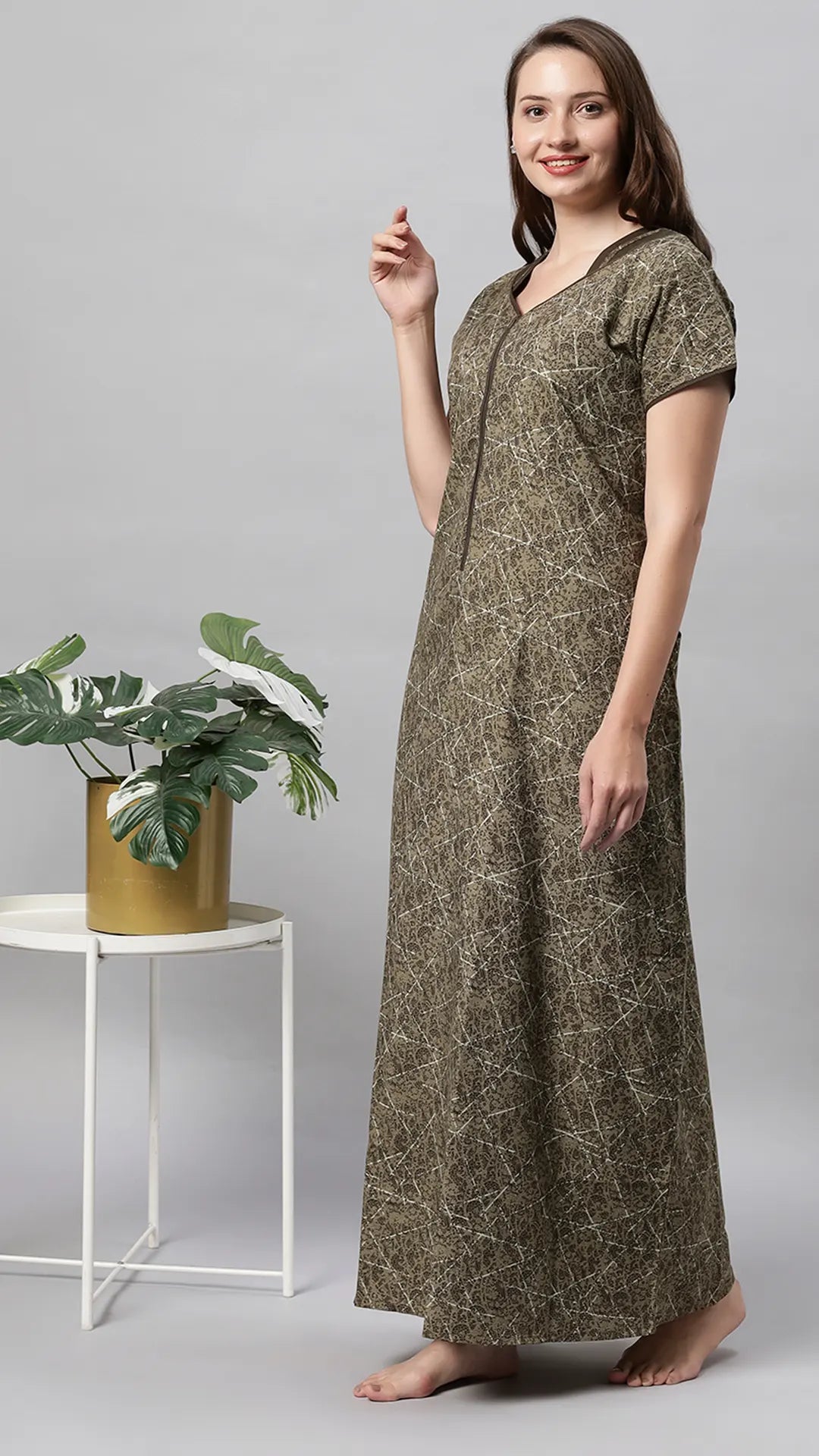 Sukanya Women's Printed Poly Cotton Lounge Wear Gown - Brown, Regular Fit, Ideal For: Women's, Occasion: Lounge Wear, Sleeve Type: Half Sleeves, Collar Type: V-neck
