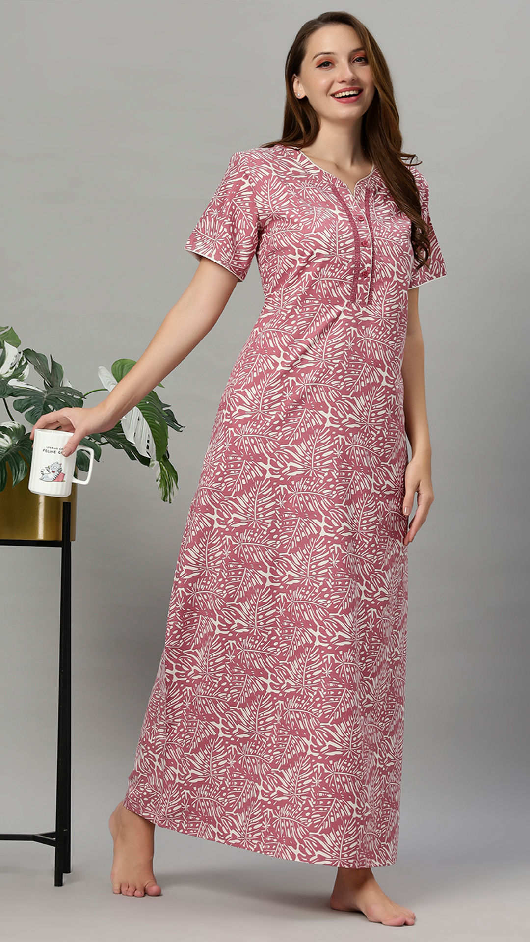 Sukanya Women's Printed Gowns - Poly Cotton, Regular Fit, Lounge Wear, Half Sleeves, V Neck, Green, Rust
