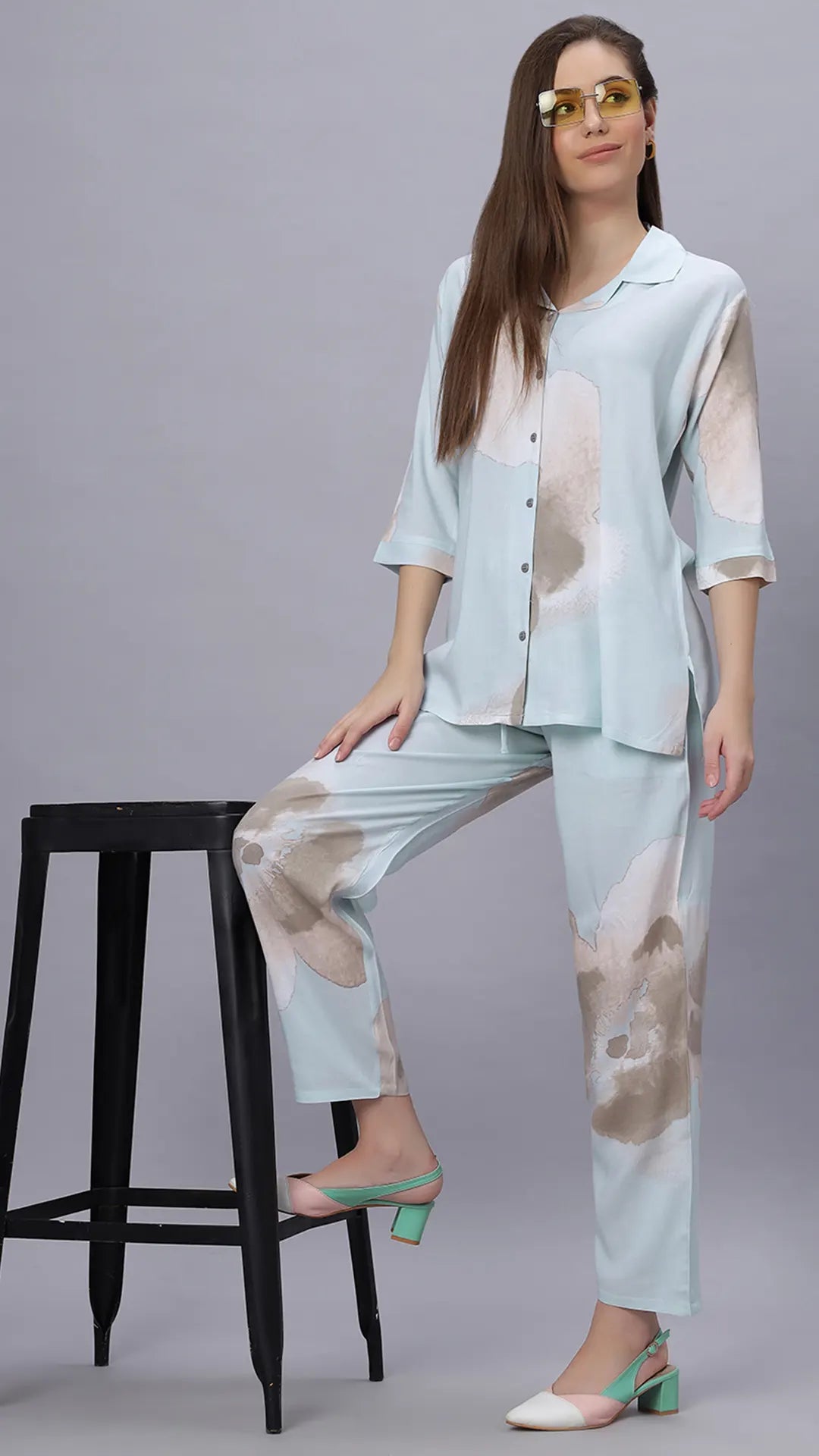 Sukanya Comfortable Women's Cotton Blend Half Sleeves Night Suit, Sky Blue, Soft and Elegant Print Sleepwear