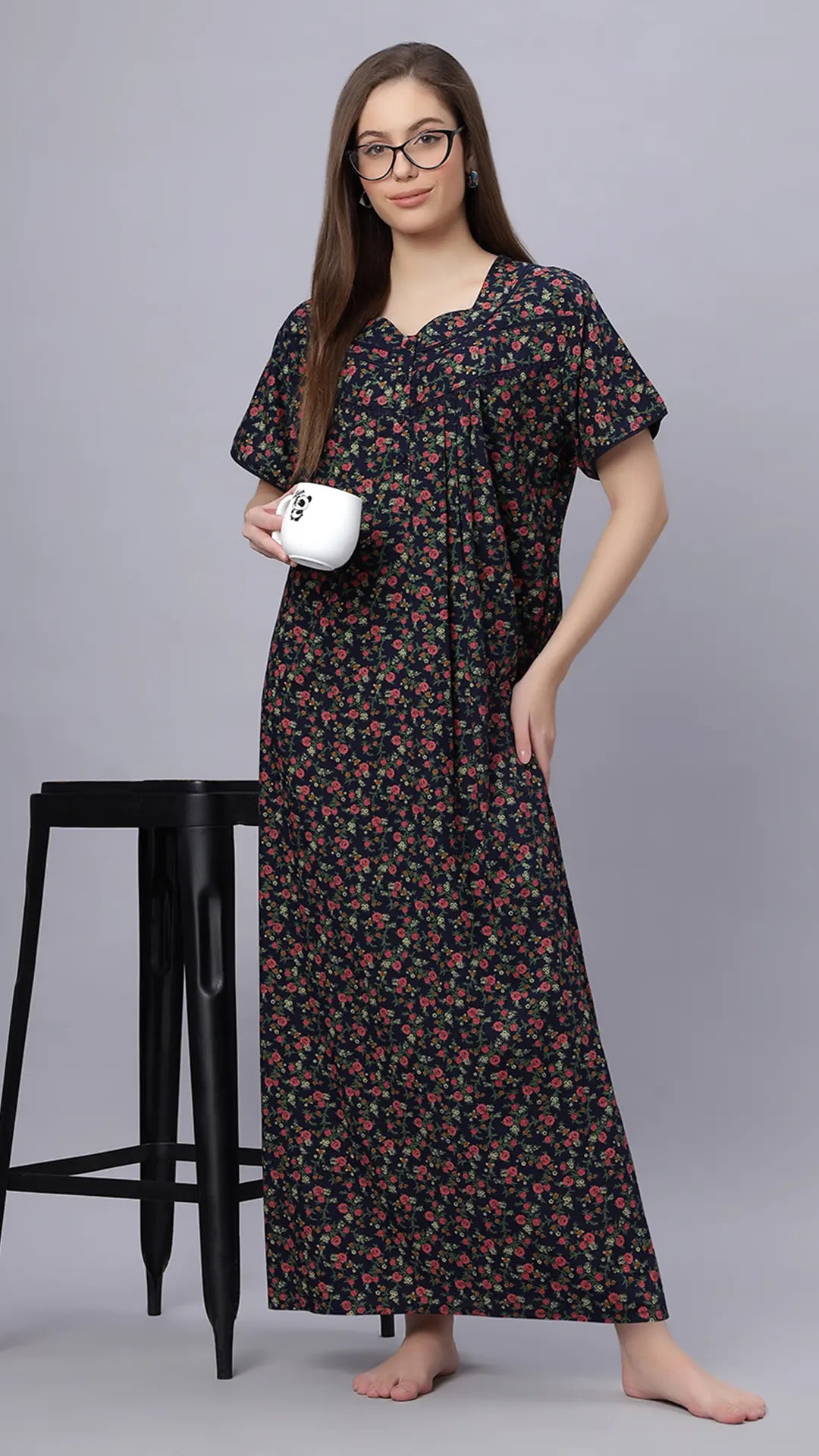 Sukanya Comfortable Women's Full Length Cotton Blend Half Sleeves Nighty, Red, Black & Blue, Soft and Elegant Print Sleepwear