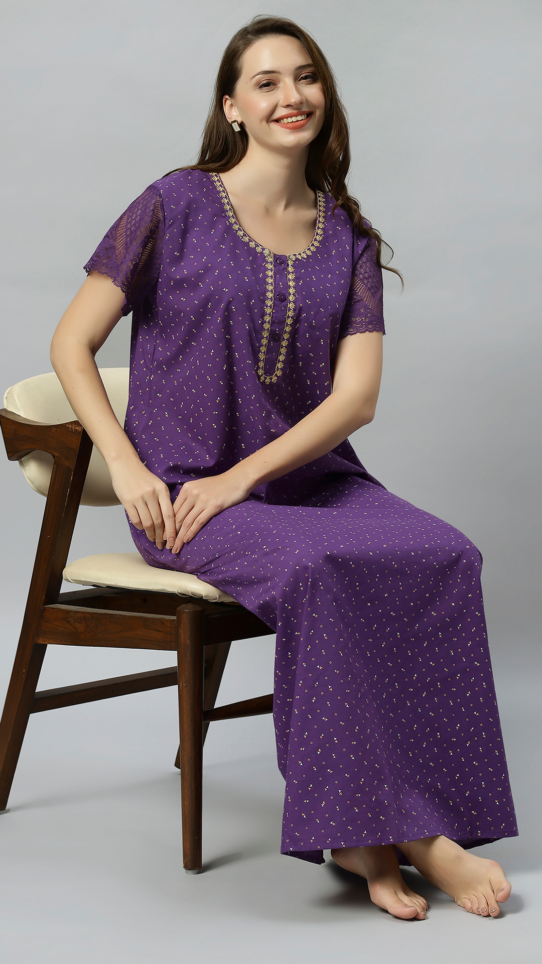 Sukanya Women's Embroidered Poly Cotton Lounge Wear Gown -  Regular Fit, Ideal For Women's, Lounge Wear, Half Sleeves, Round Neck