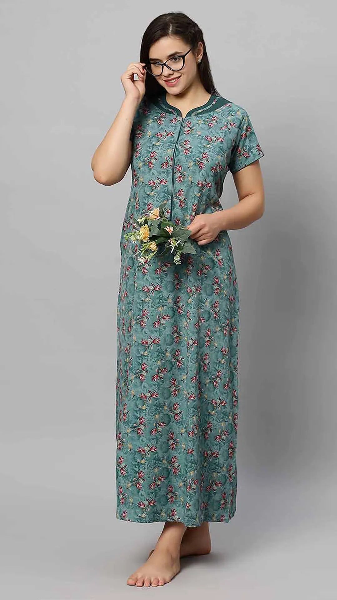 Sukanya Women's Blue Formal Lounge Wear Dress - Poly Cotton, Long, Half Sleeves
