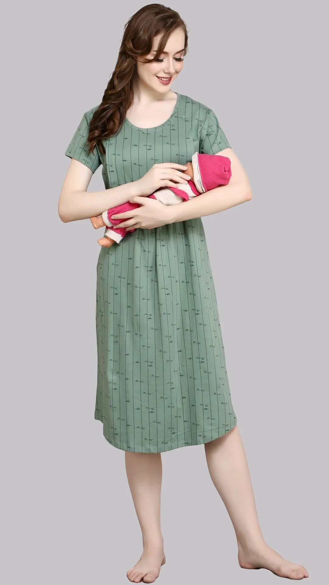 Sukanya Women's Cotton  Calf Length Maternity Nighty / Green Printed Half Sleeves Round Neck