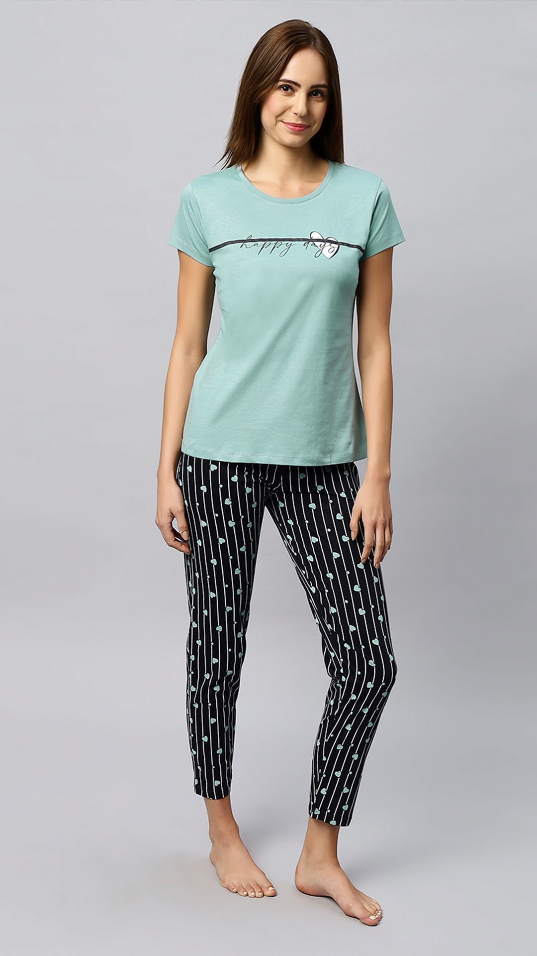 Sukanya Women's Printed Top & Pyjama Set - Pista, Regular Fit, Ideal For Lounge Wear, Sinker Fabric, Half Sleeve, Round Neck