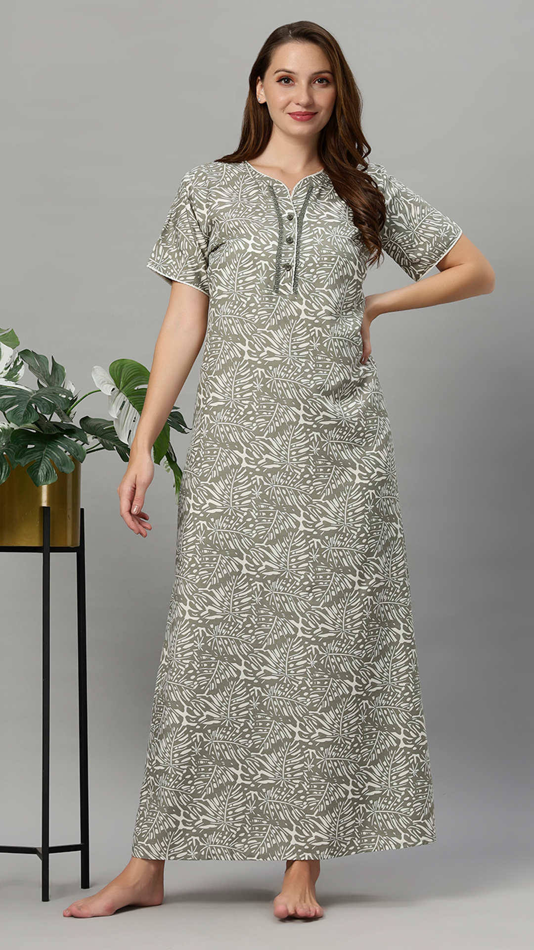 Sukanya Women's Printed Gowns - Poly Cotton, Regular Fit, Lounge Wear, Half Sleeves, V Neck, Green, Rust