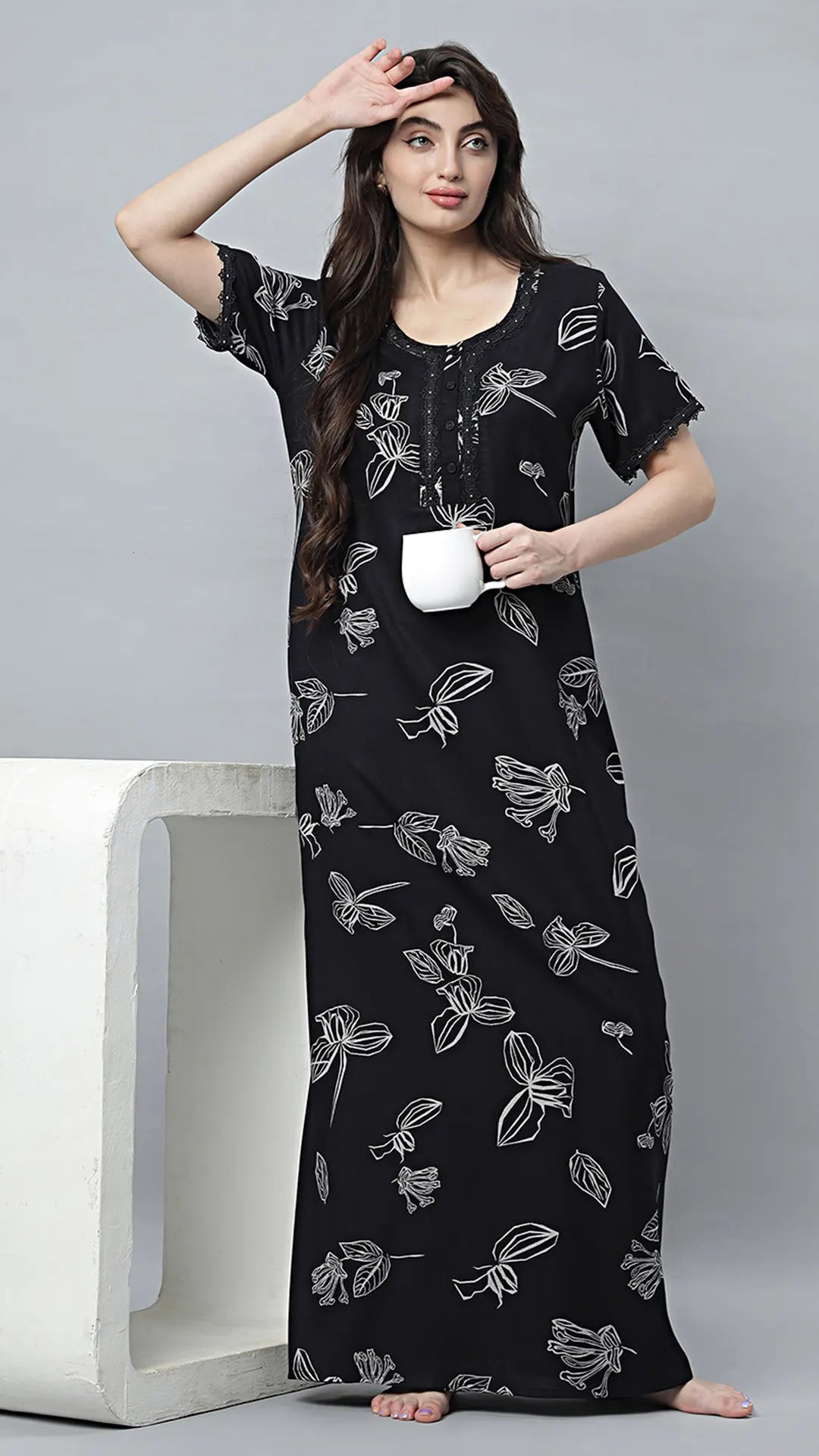 Sukanya Women's Black, Navy Blue & wine, Cotton Blend Printed Nighty - Half Sleeves, Round Neck, Long