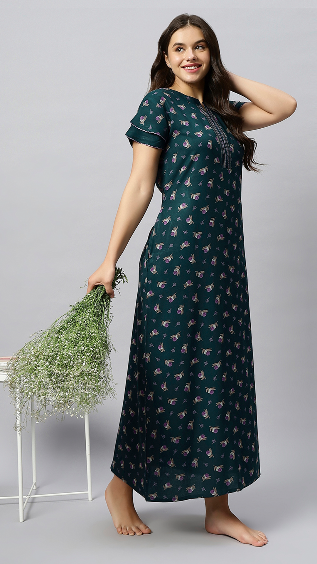 Sukanya Women's Floral Lounge Wear Gown - Regular Fit, Ideal for Women's, Lounge Wear,  Viscose Rayon, Floral, Half Sleeves, Round, Wine, Green & Mustard