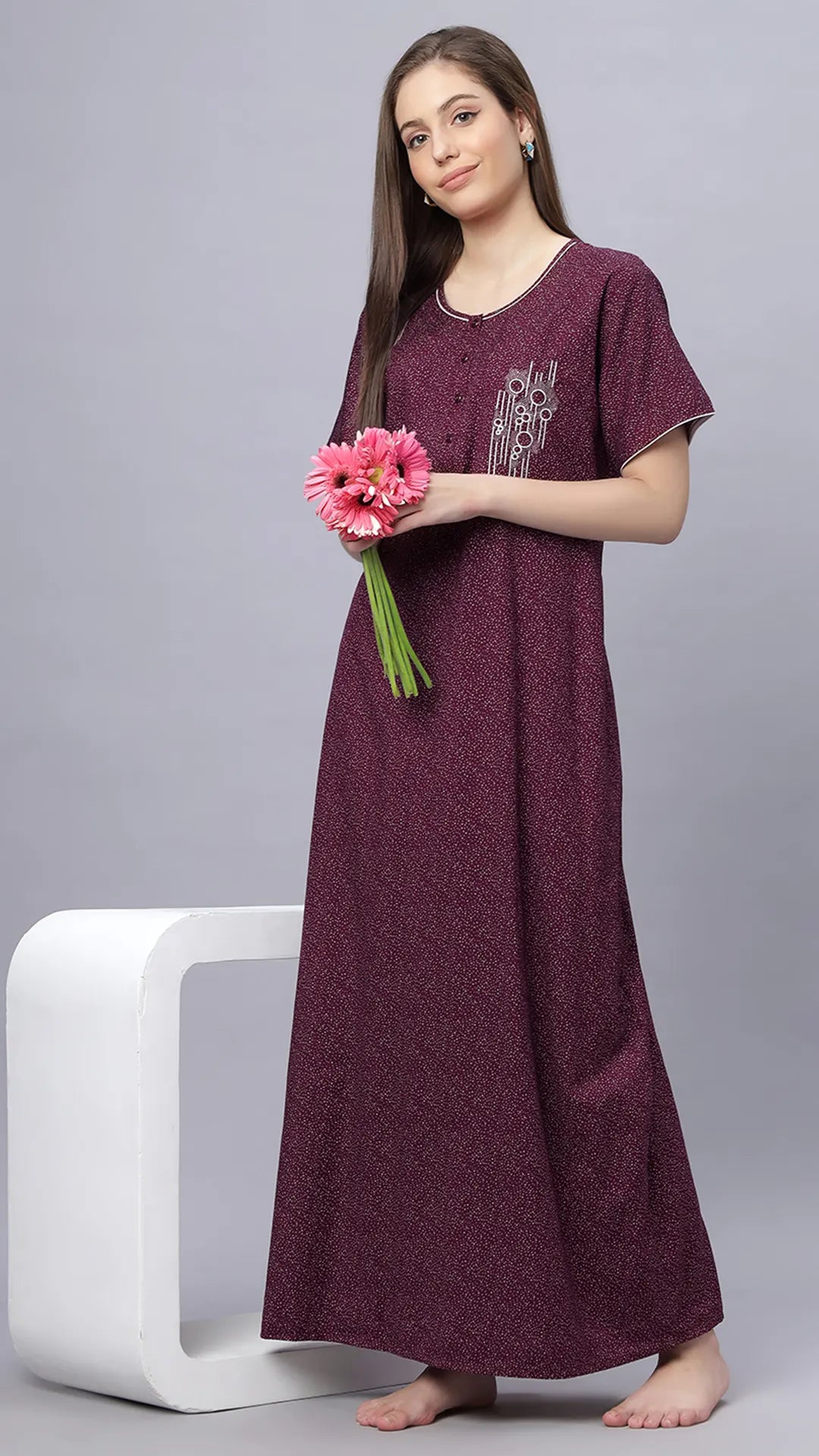 Sukanya Comfortable Women's Full Length Cotton Blend Half Sleeves Nighty, Black, Blue & Maroon, Soft and Elegant Print Sleepwear