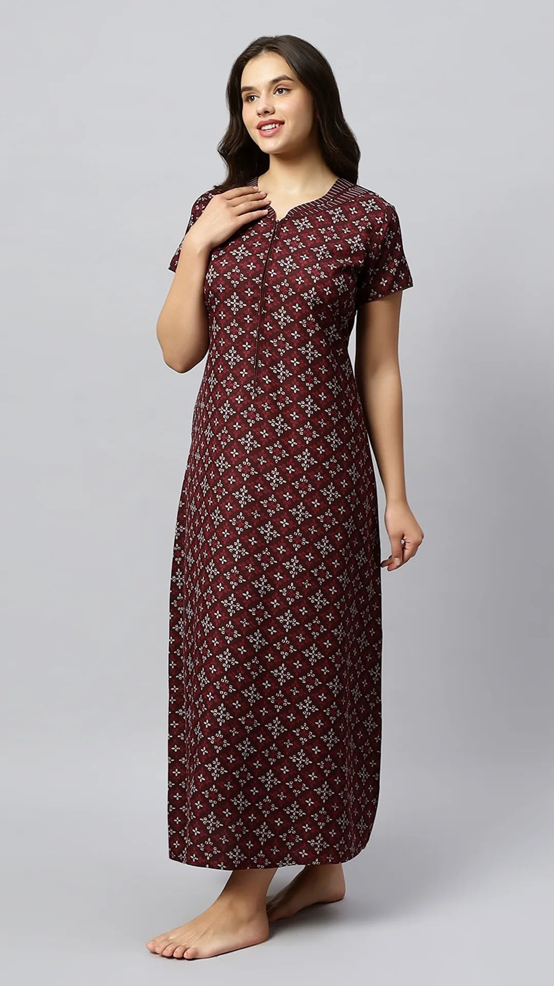 Sukanya Women's Geometrical Lounge Wear Gown - Coffee, Blue & Wine Poly Cotton, Regular Fit, Half Sleeves, Round Neck