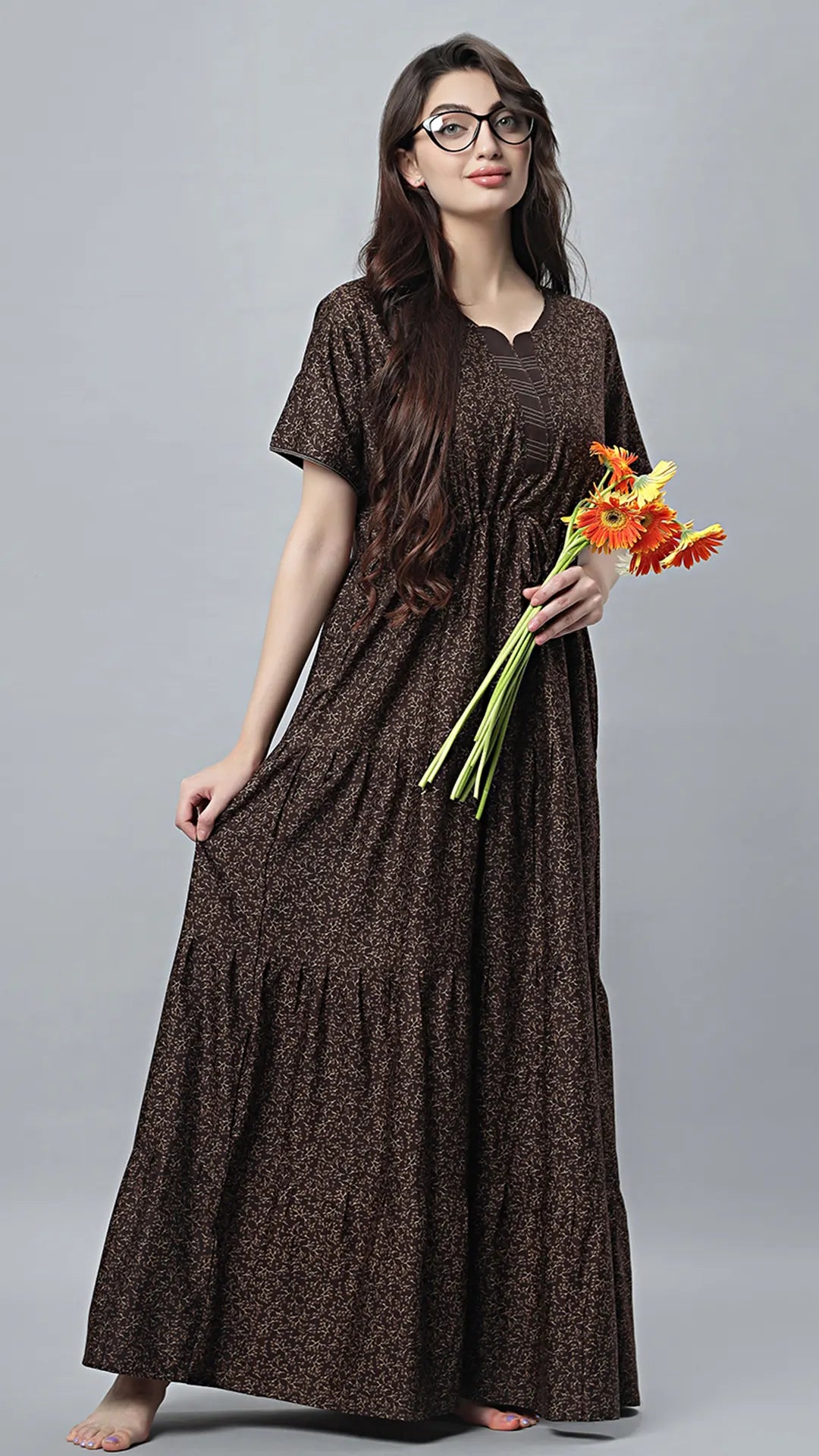 Sukanya Comfortable Women's Full Length Cotton Blend Half Sleeves Nighty, Blue, coffee & Wine, Soft and Elegant Print Sleepwear