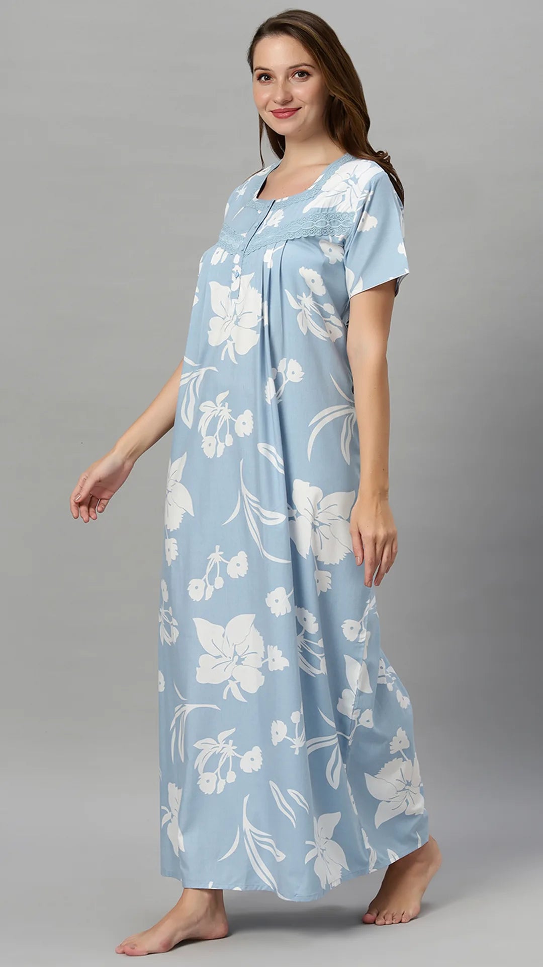 Sukanya Women's Floral Print Lounge Wear Gown -  Poly Cotton, Regular Fit, Half Sleeves, Round Neck, Light Purple, Light Green & Sky Blue