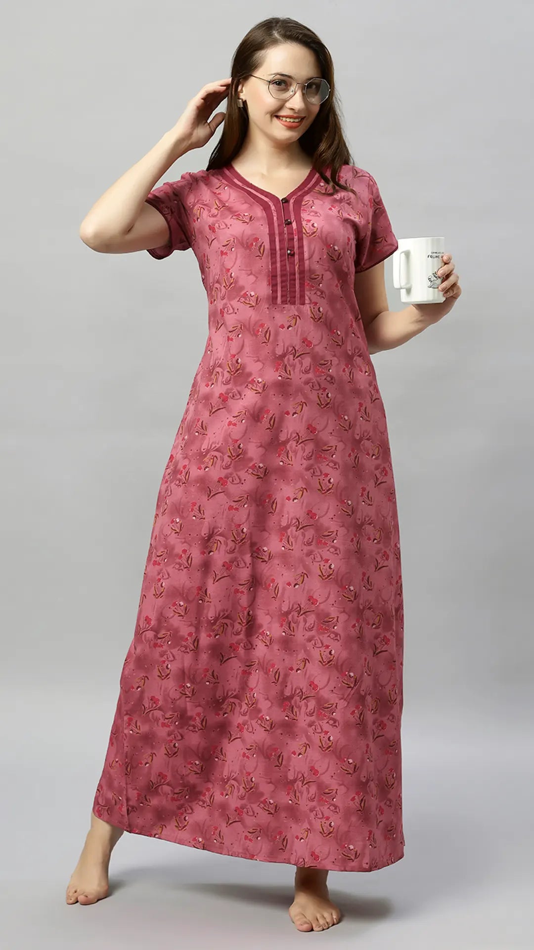 Sukanya Women's Blue, Green & Red, Floral Printed Poly Cotton Lounge Wear Gown - Regular Fit, V-neck, Half Sleeves