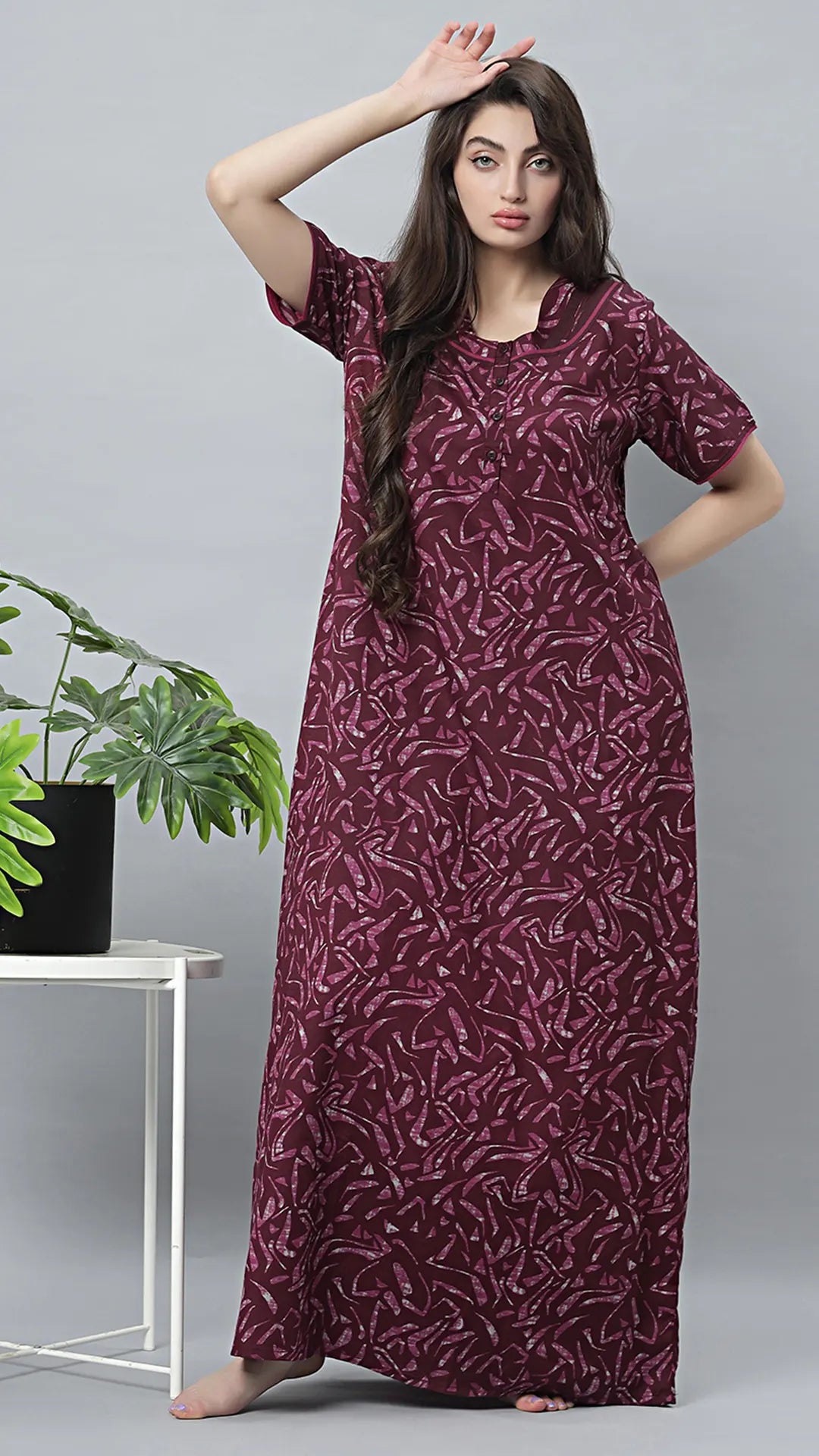 Sukanya Women's Black Cotton Blend Printed Nighty - Half Sleeves, Round Neck, Long