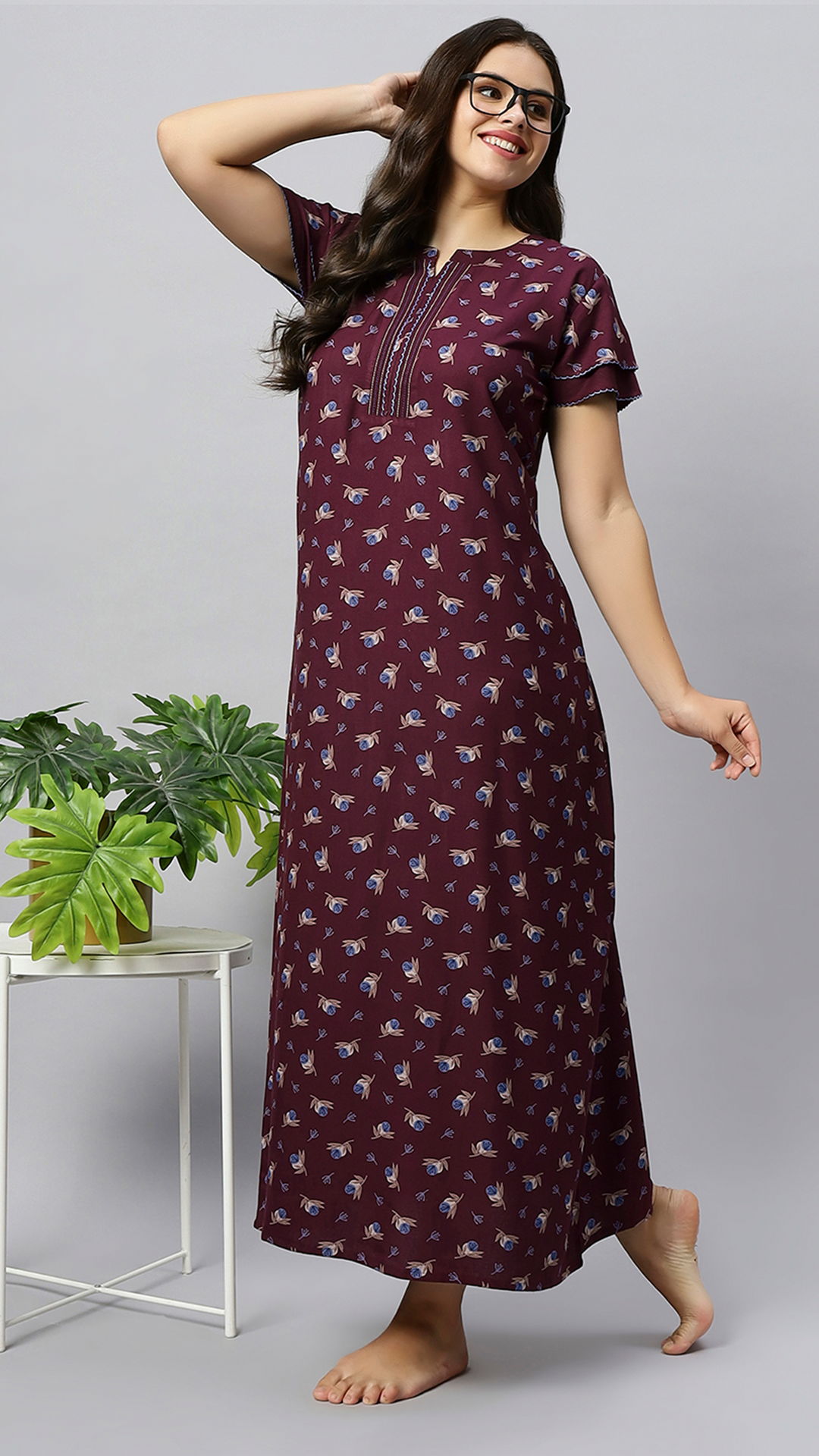 Sukanya Women's Floral Lounge Wear Gown - Regular Fit, Ideal for Women's, Lounge Wear,  Viscose Rayon, Floral, Half Sleeves, Round, Wine, Green & Mustard