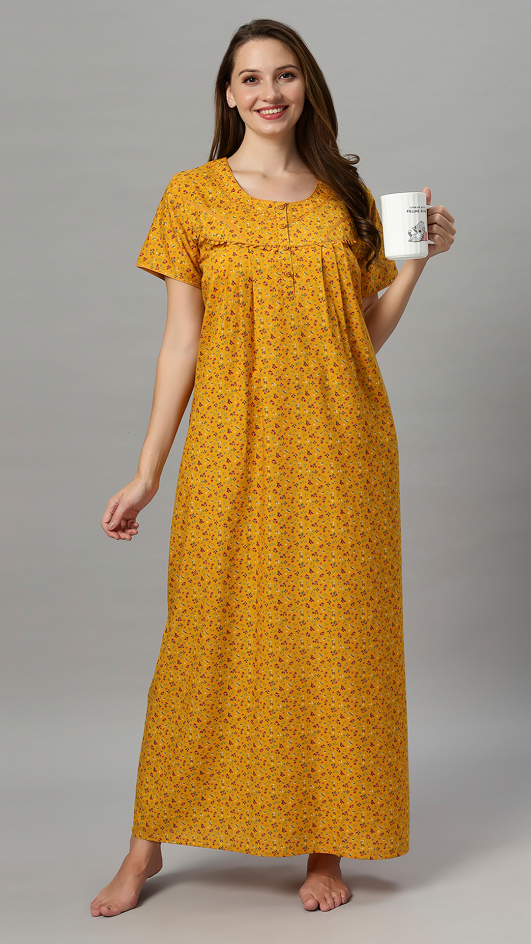 Sukanya Women's Floral Print Lounge Wear Gown - Poly Cotton, Regular Fit, Ideal For Women's, Lounge Wear, Flower Print, Half Sleeves, Round Neck, Blue, Red & Yellow