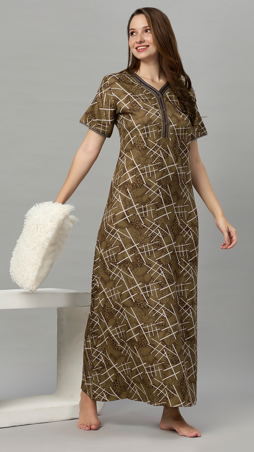 Sukanya Women's Printed Lounge Wear Gown -  Regular Fit, Ideal For: Women's, Occasion Type: Lounge Wear, Fabric Type: Viscose Polyster, Sleeve Type: Half Sleeves, Color: Mustard, Collar: V neck