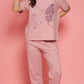 Lunica Women's Printed Sinker Nightsuit Set , Regular Fit Loungewear , Ideal for Women , Lounge Wear Nightdress Pyjama Set Sleepwear , Lilac Printed Half Sleeves Round Neck