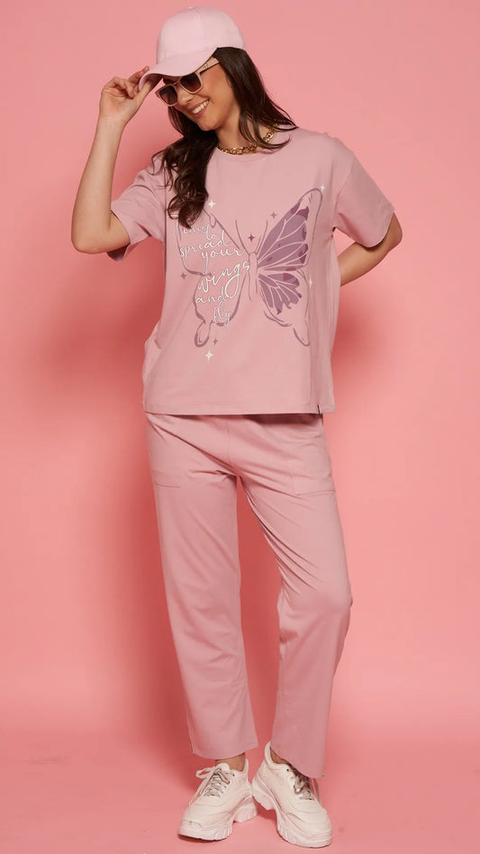 Lunica Women's Printed Sinker Nightsuit Set , Regular Fit Loungewear , Ideal for Women , Lounge Wear Nightdress Pyjama Set Sleepwear , Lilac Printed Half Sleeves Round Neck