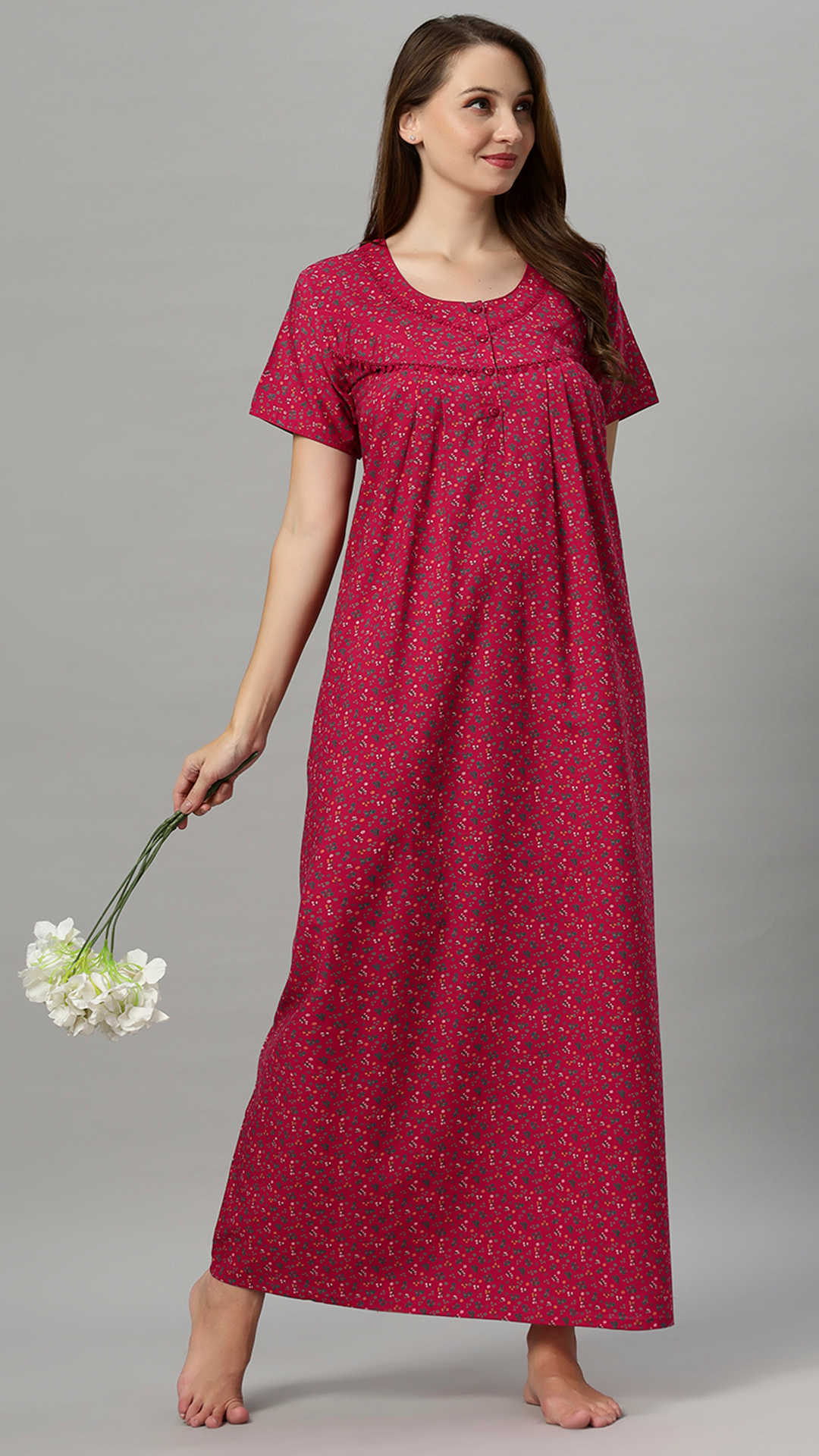 Sukanya Women's Floral Print Lounge Wear Gown - Poly Cotton, Regular Fit, Ideal For Women's, Lounge Wear, Flower Print, Half Sleeves, Round Neck, Blue, Red & Yellow