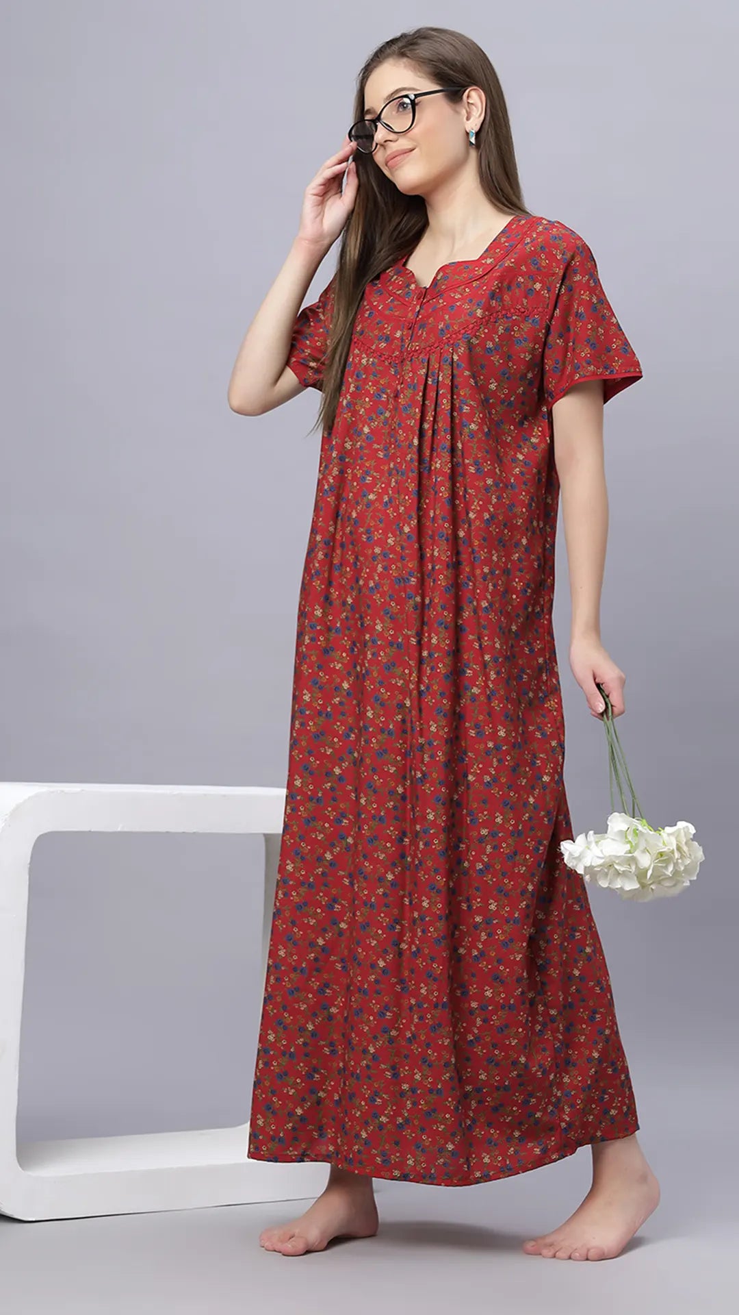 Sukanya Comfortable Women's Full Length Cotton Blend Half Sleeves Nighty, Red, Black & Blue, Soft and Elegant Print Sleepwear