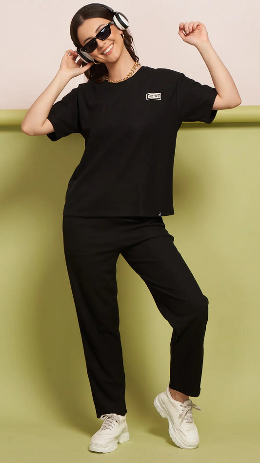 Lunica Women's Printed Sinker Nightsuit Set , Regular Fit Loungewear , Ideal for Women , Lounge Wear Nightdress Pyjama Set Sleepwear, Black Printed Half Sleeves Round Neck
