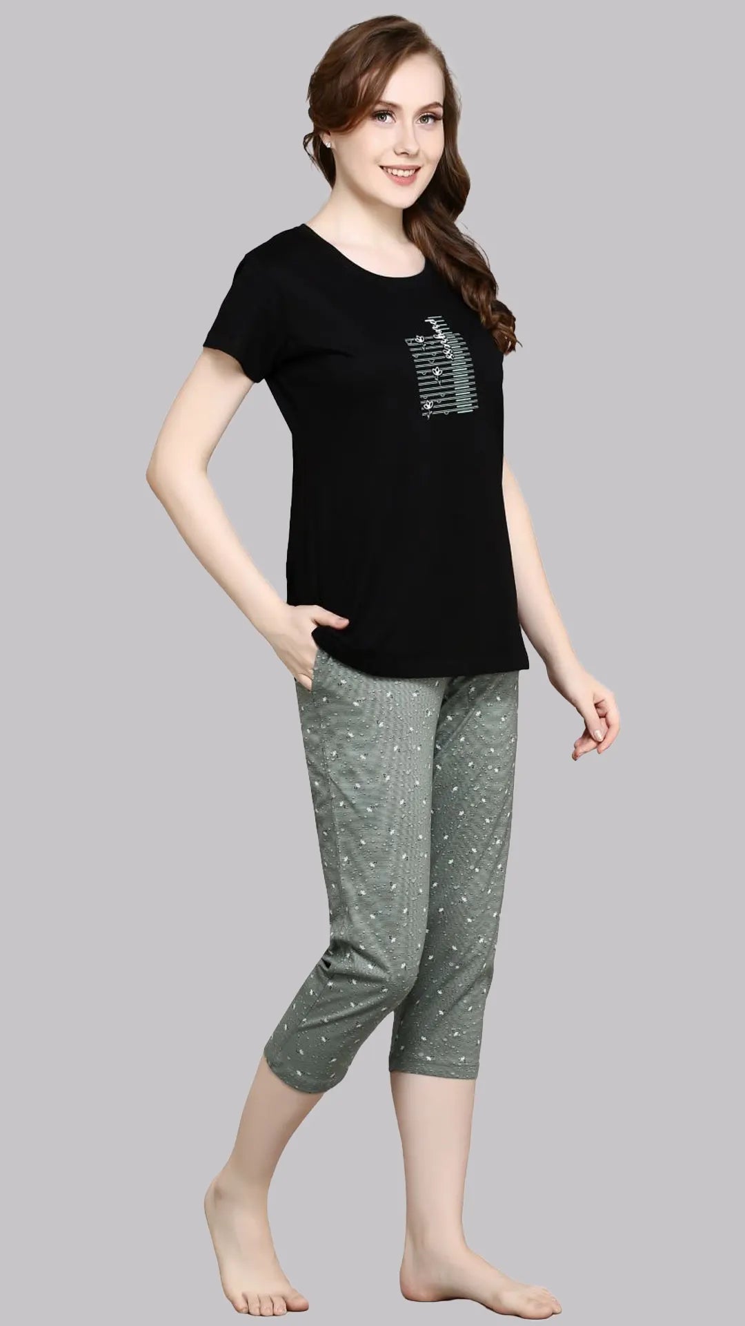 Sukanya  Women's Printed Sinker Capri Set | Regular Fit Loungewear | Ideal for Women | Lounge Wear Nightdress Capri Set Sleepwear | Black Printed Half Sleeves Round Neck