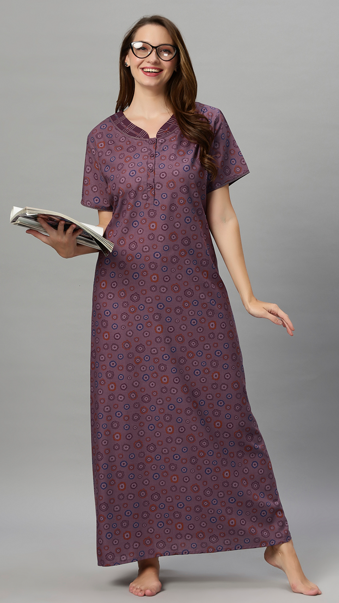 Sukanya Women's Floral Printed Blue, Wine & brown Polly Cotton Lounge Wear Gown - Regular Fit, V Neck, Half Sleeves