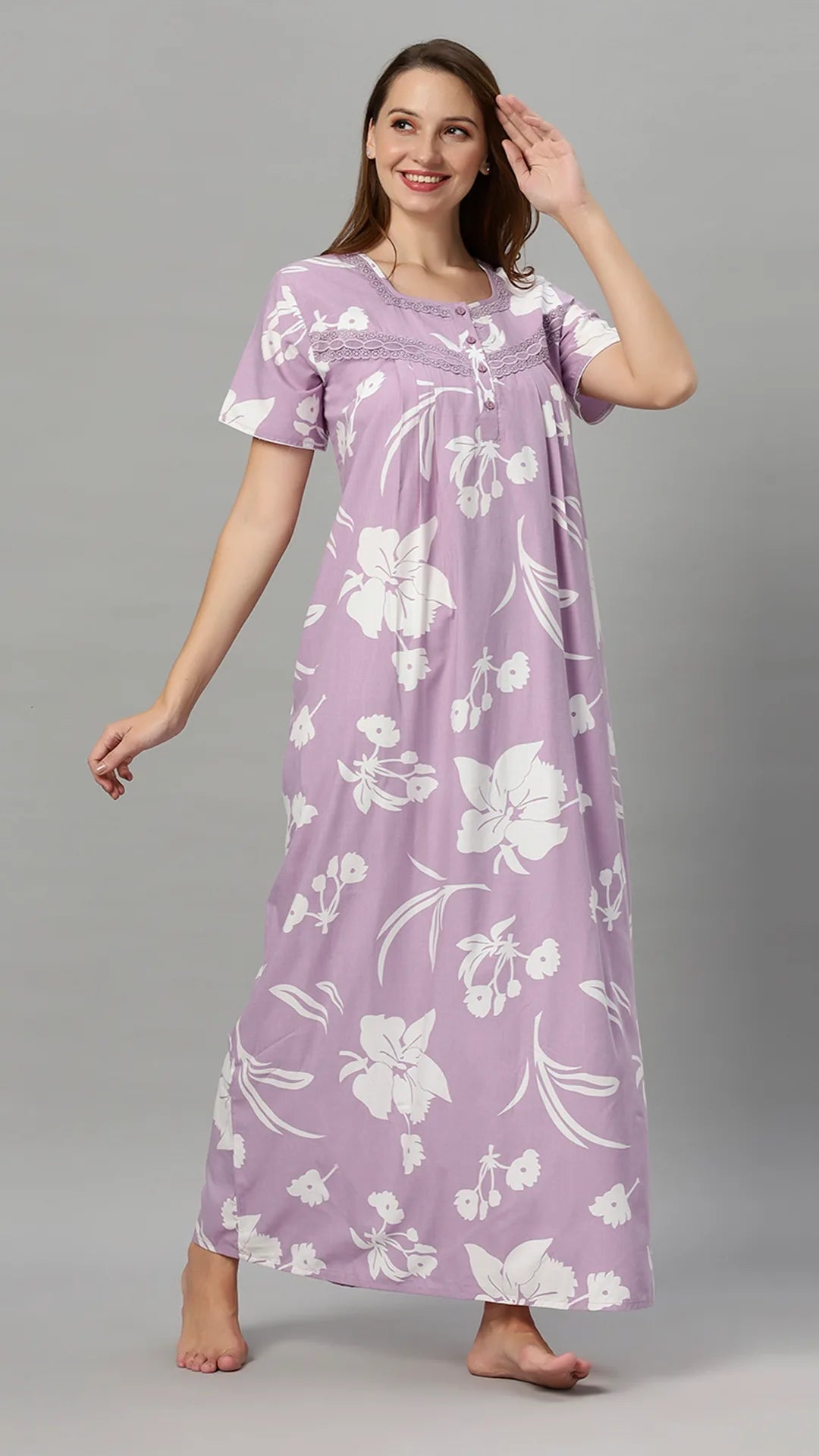 Sukanya Women's Floral Print Lounge Wear Gown -  Poly Cotton, Regular Fit, Half Sleeves, Round Neck, Light Purple, Light Green & Sky Blue