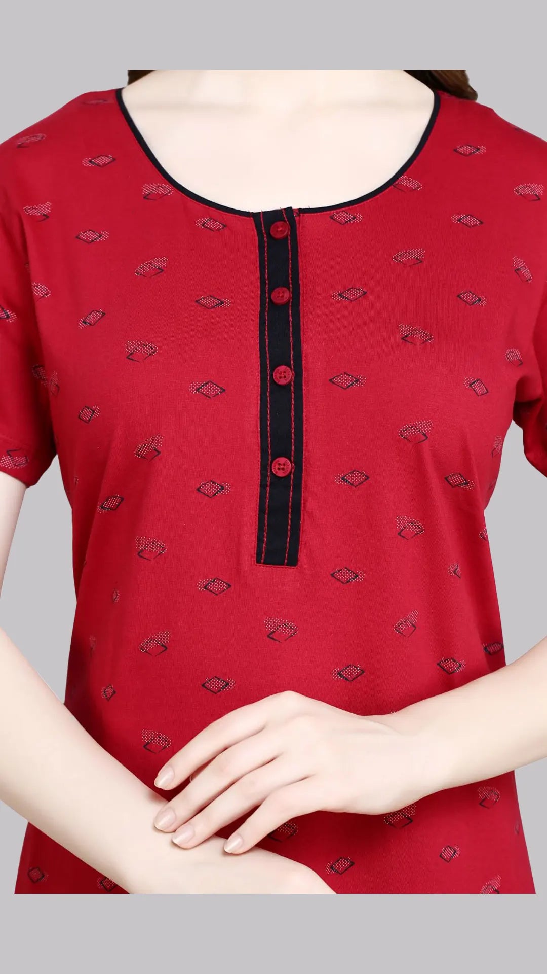 Sukanya  Women's Printed Sinker Nightsuit Set | Full Nighty Lounge Wear Nightdress Pyjama Set Sleepwear | Red Printed Half Sleeves Round Neck