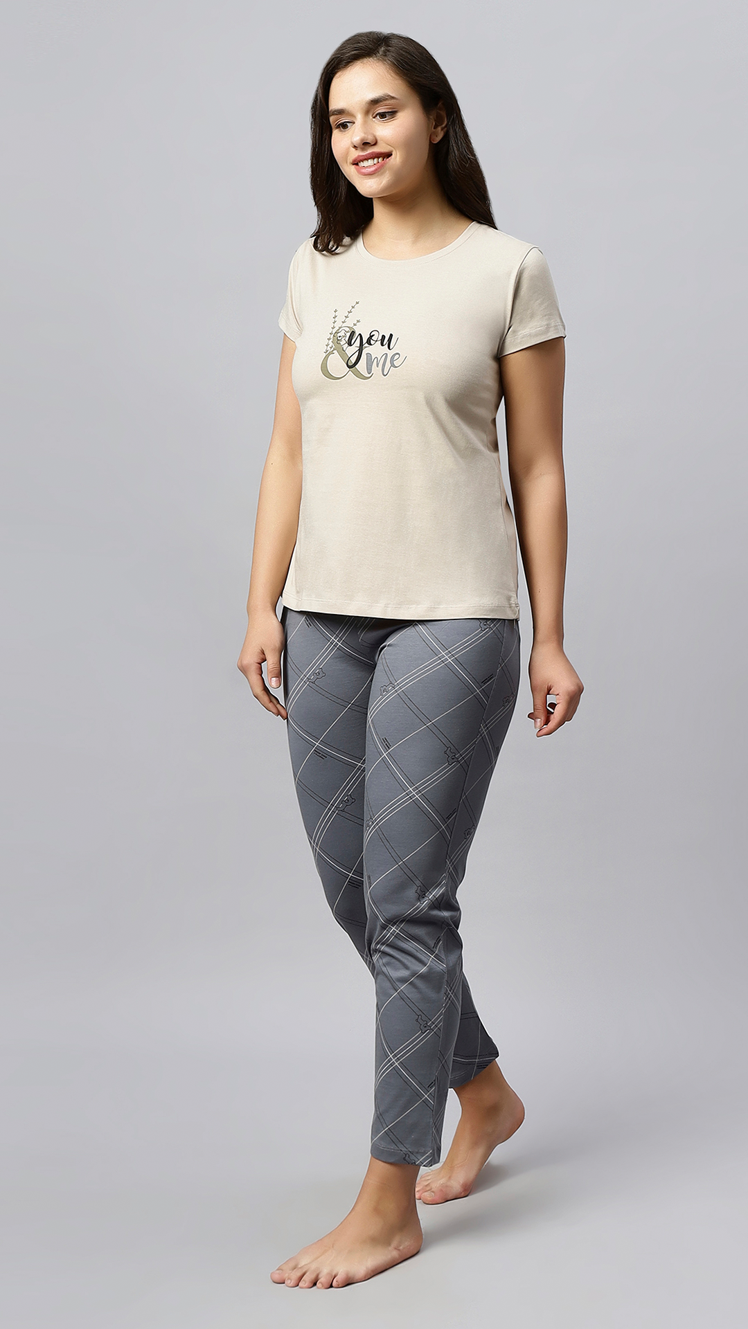 Sukanya Women's Printed Lounge Wear Top & Pyjama Set - Grey, Sinker Fabric, Regular Fit, Ideal For Women's, Lounge Wear, Half Sleeve, Round Neck