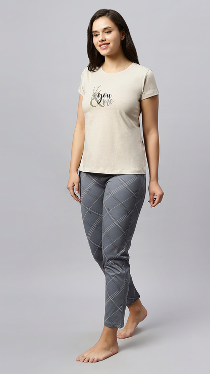 Sukanya Women's Printed Lounge Wear Top & Pyjama Set - Grey, Sinker Fabric, Regular Fit, Ideal For Women's, Lounge Wear, Half Sleeve, Round Neck