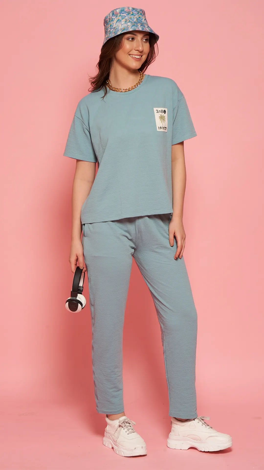 Lunica Women's Printed Sinker Nightsuit Set , Regular Fit Loungewear , Ideal for Women , Lounge Wear Nightdress Pyjama Set Sleepwear , Sky Blue Printed Half Sleeves Round Neck