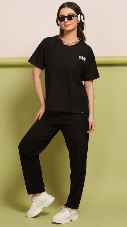 Lunica Women's Printed Sinker Nightsuit Set , Regular Fit Loungewear , Ideal for Women , Lounge Wear Nightdress Pyjama Set Sleepwear, Black Printed Half Sleeves Round Neck