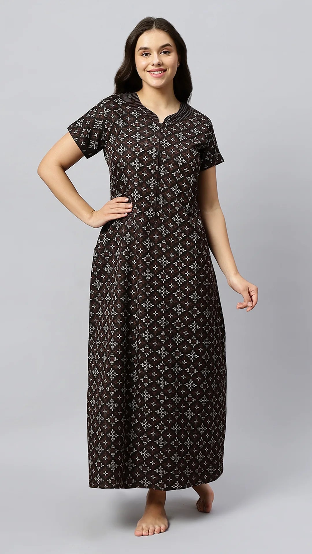 Sukanya Women's Geometrical Lounge Wear Gown - Coffee, Blue & Wine Poly Cotton, Regular Fit, Half Sleeves, Round Neck