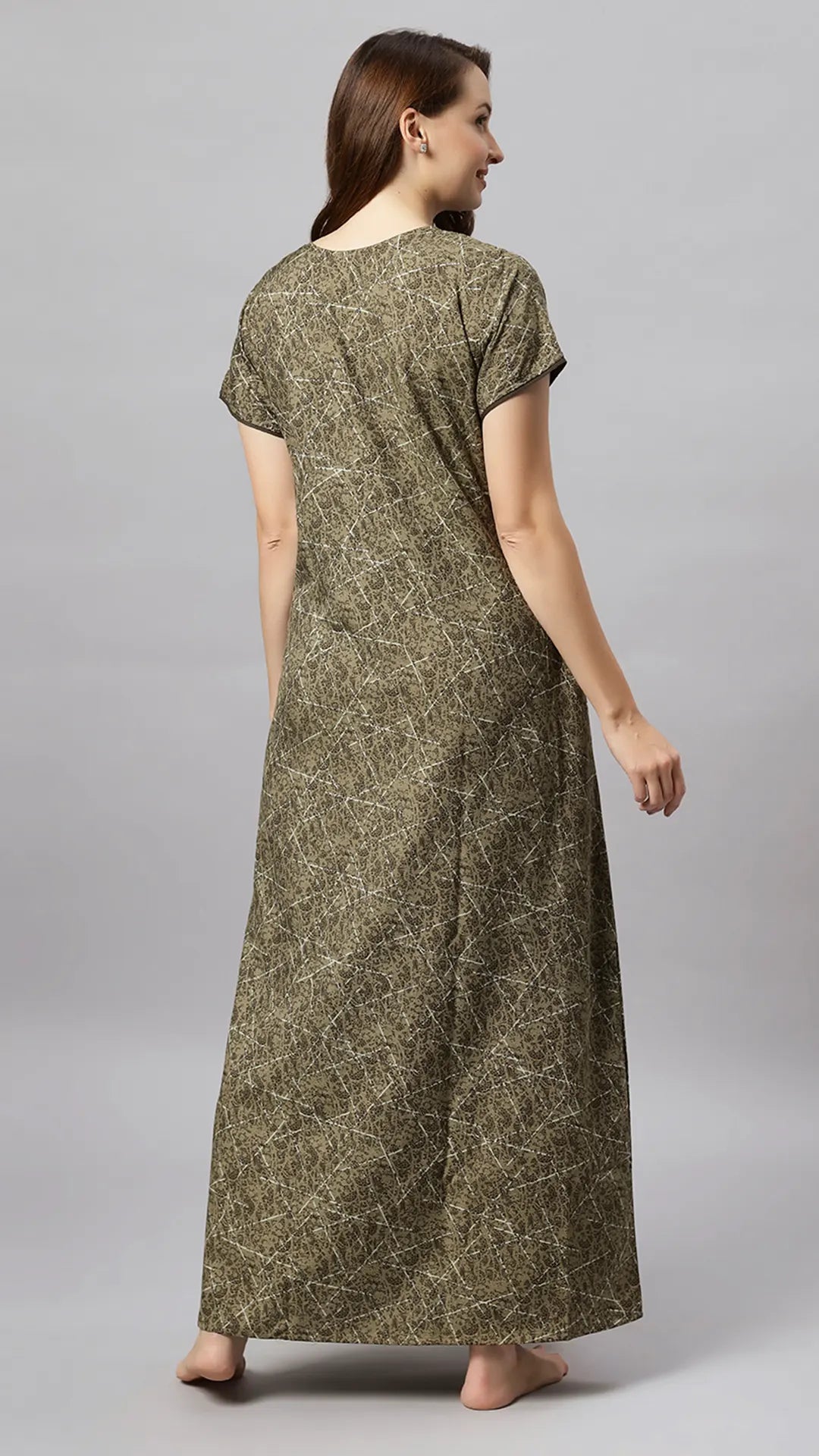 Sukanya Women's Printed Poly Cotton Lounge Wear Gown - Brown, Regular Fit, Ideal For: Women's, Occasion: Lounge Wear, Sleeve Type: Half Sleeves, Collar Type: V-neck