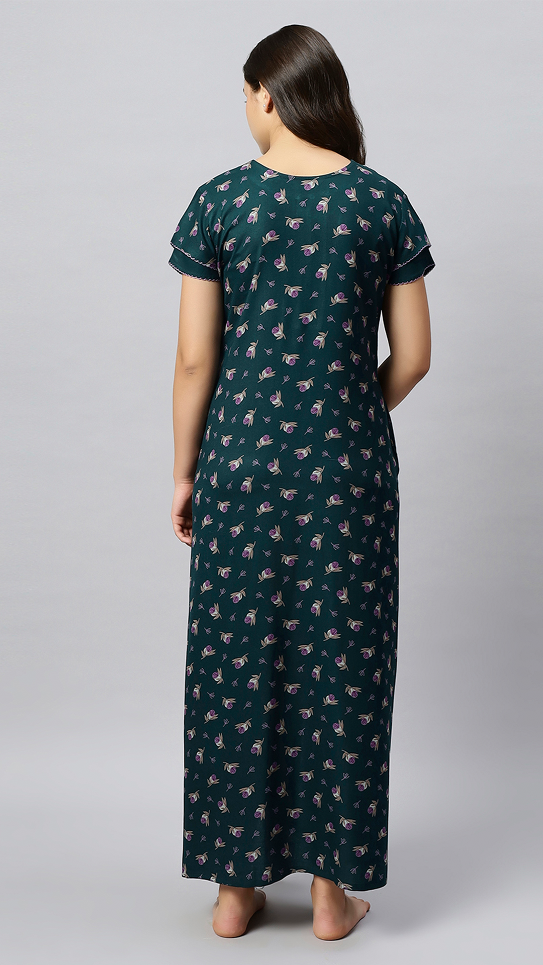 Sukanya Women's Floral Lounge Wear Gown - Regular Fit, Ideal for Women's, Lounge Wear,  Viscose Rayon, Floral, Half Sleeves, Round, Wine, Green & Mustard