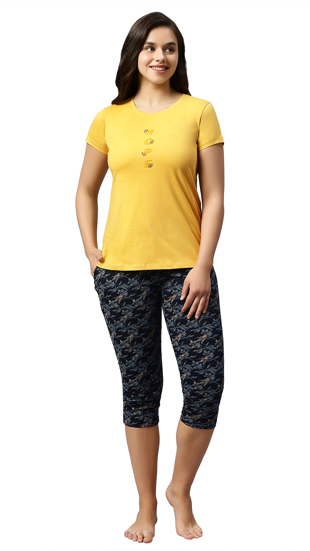 Sukanya Women's Printed Lounge Wear Top & Capri Set - Yellow, Regular Fit, Women's, Lounge Wear, Sinker Fabric, Printed Pattern, Half Sleeve, Round Neck