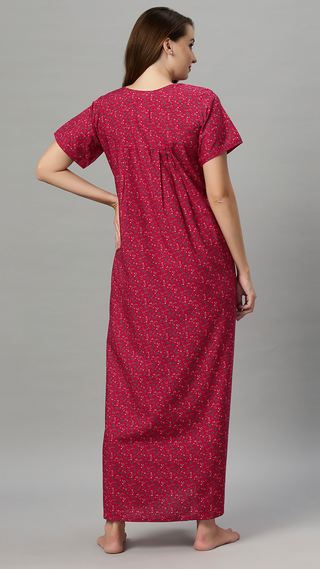 Sukanya Women's Floral Print Lounge Wear Gown - Poly Cotton, Regular Fit, Ideal For Women's, Lounge Wear, Flower Print, Half Sleeves, Round Neck, Blue, Red & Yellow