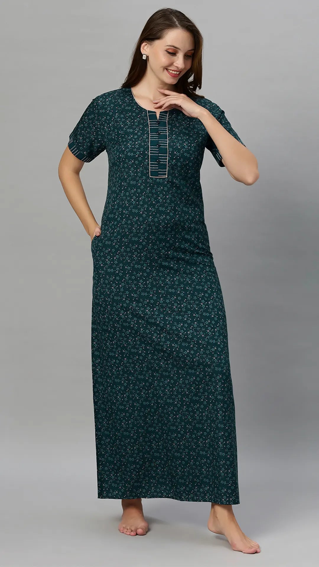 Suaknya Women's Floral Print Lounge Wear Gown  Polly Cotton, Regular Fit, Half Sleeves, V Neck